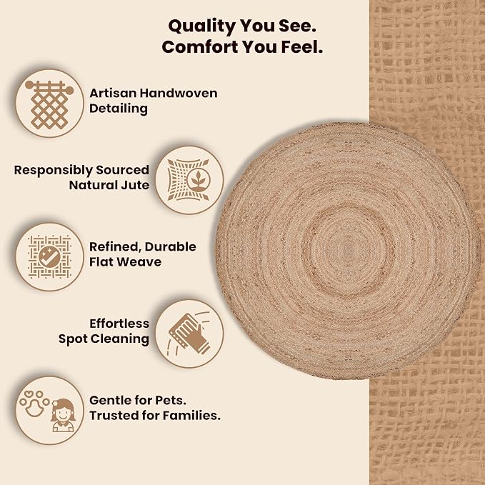 Craft Trade Chindi Jute Area Rug for Living Room Bedroom Outdoor Boho Indoor Braided Woven Reversible Sisal Rugs Natural (Natural Jute Round, 48 Inch)