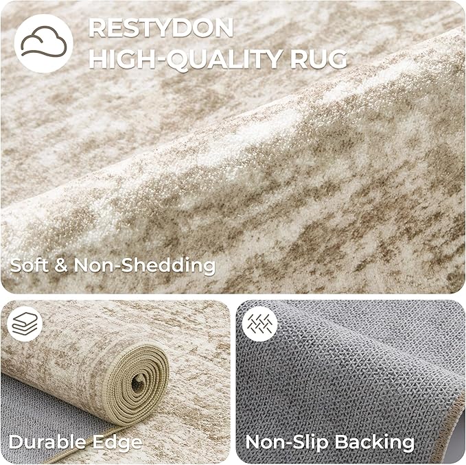 3x14 Washable Runner Rug for Hallway, Non-Slip Long Hallway Runner for Entryway, Soft Vintage Kitchen Mats for Floor, Abstract Dining Room, Bedroom, Living Room Rugs(3'x14', Brown/Ivory)