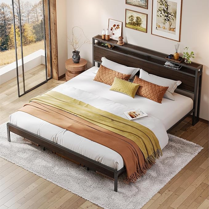 LIKIMIO King Size Bed Frame with 2-Tier Storage Shelf Headboard | Dark Wood Platform Bed, Camas King with Strong Metal Supports, Sturdy, Noise-Free, No Box Spring Needed, Dark Brown