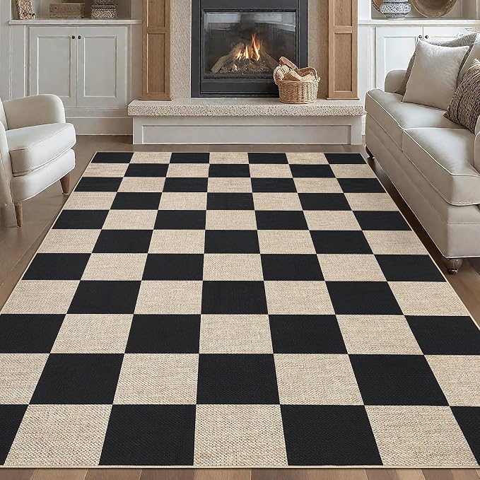 COZYLOOM Checkered Easy Jute Rug 8x10 Washable Rugs for Living Room, Modern Geometric Rug with Non Slip Backing, Non Shedding Stain Resistant Indoor Outdoor Mats for Bedroom Dining Room RV, Black