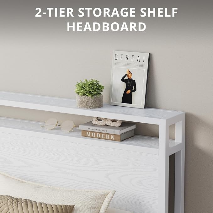 LIKIMIO King Size Bed Frame with 2-Tier Storage Shelf Headboard | Wood Platform Bed, Camas King with Strong Metal Supports, Sturdy, Noise-Free, No Box Spring Needed, White