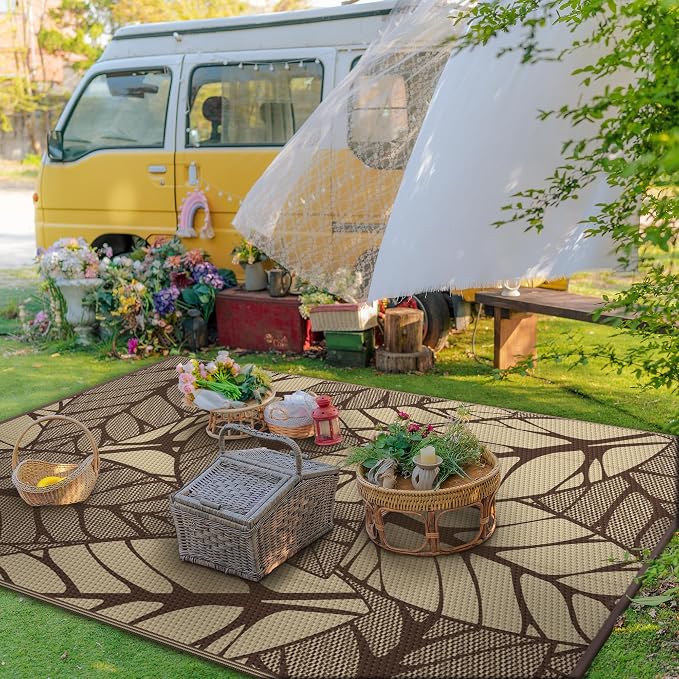 GENIMO Outdoor Rug, Waterproof Plastic Rugs for Patio, 6'x9' Coffee | Outside Larger Leaf Carpet Mat for Porch Decor, Deck, Balcony, Camping, RV, Backyard, Picnic, Beach, Reversible, Foldable