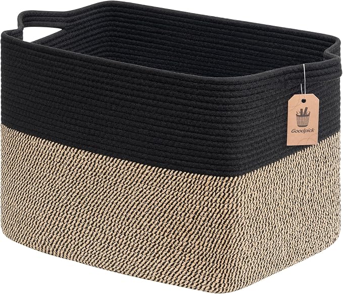 Goodpick 50L Large Wicker Blanket Basket, 18" x 14" x 12", Black Jute | Blankets, Pillows & Toys Storage, Decorative Storage Basket for Living Room & Bedroom Organization, Built-In Handles