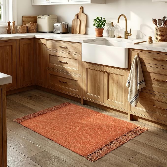 Collive Small Bathroom Rug 2' x 3', Modern Farmhouse Kitchen Mat Hand-Woven Washable Entryway Rugs, Reversible Low Profile Front Door Mat Terracotta Fall Carpet for Porch Back Bedroom Decor