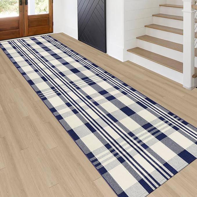 Buffalo Plaid Runner Rug 3x10 Feet Navy and Off White Hallway Runner Rug Cotton Woven Rug Farmhouse Checkered Rug Washable Runners for Entryway Kitchen Bedroom Living Room