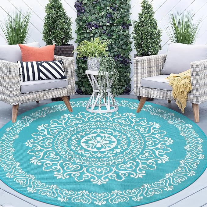 Pauwer Outdoor Rug 8ft, Waterproof Plastic Straw Camping Rug, Floral Teal | Reversible Patio Rug, UV Resistant Indoor Outdoor RV Mat Carpet For Deck, Camper, Porch, Balcony, Backyard, Picnic, Foldable