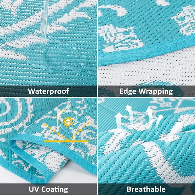 Pauwer Outdoor Rug 6ft, Waterproof Plastic Straw Camping Rug, Boho Teal | Reversible Patio Rug, UV Resistant Indoor Outdoor RV Mat Carpet For Deck, Camper, Porch, Balcony, Backyard, Picnic, Foldable
