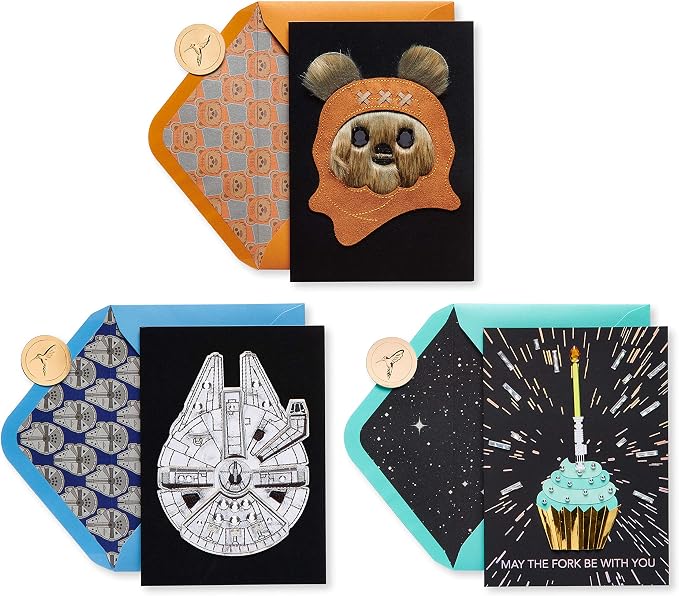 Papyrus Star Wars Birthday Card Assortment, Ewok, Cupcake, and Millennium Falcon (3-Count)