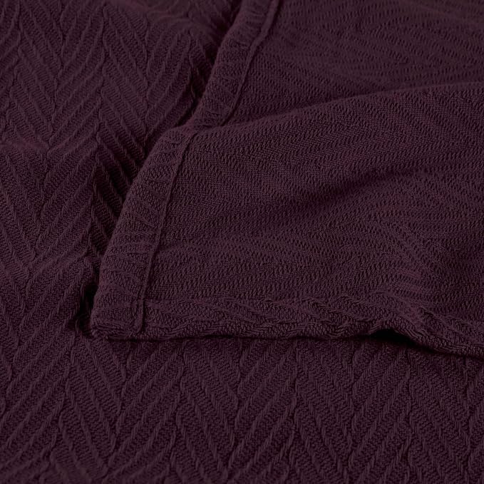 Superior Metro All-Season Cotton Blanket, Woven Blanket for Couch, Bed, Bedding, Farmhouse, Home Essentials, Cute and Cozy Bohemian Blankets, Herringbone Weave, King, Plum
