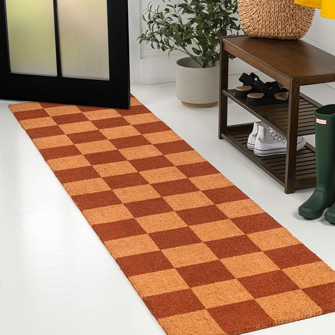 JONATHAN Y Natural Coir Indoor/Outdoor Runner Rug 2X8 Natural/Red Checker, Peater Classic Casual Commerical Doormat Ideal for Door Entrance, Patio, Porch, Backyard, Garages NRF110A-28