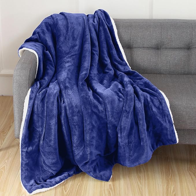 Elegant Comfort Throw Blanket, Reversible Sherpa Flannel, Ultra-Soft, Fuzzy, Cozy and Plush- All Season Lightweight Decorative Throw, 50 x 60 inches, Solid Sherpa Throw, Royal Blue