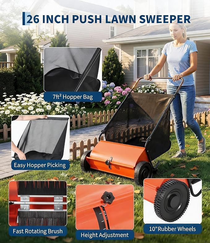 Push Lawn Sweeper, 26-Inch Width, 7 Cu. ft. Hopper Capacity, 4 Spinning Brushes