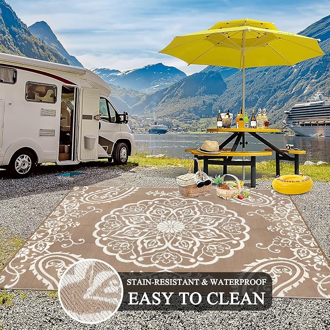Pauwer Outdoor Rug 10x14, Waterproof Plastic Straw Camping Rug, Boho Brown | Reversible Patio Rug, UV Resistant Indoor Outdoor RV Mat Carpet For Deck, Camper, Porch, Balcony, Backyard, Picnic, Foldable