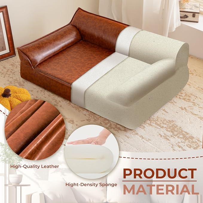 X-Large Leather Dog Bed Couch for Large Dogs Under 90 lbs, Brown Luxurious Vintage Elevated Dog Sofa Chaise Indoor Furniture Style Pet Supplies Low Maintenance