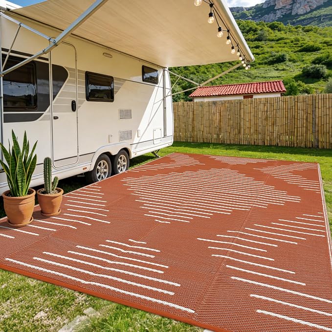 Garvee Waterproof Outdoor Area Rug 9x12 Plastic Reversible Rug for Patio Decor Easy-Cleaning Large Floor Mat for Camping RV Porch Deck Backyard Balcony Picnic Terracotta White