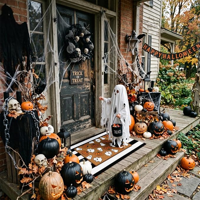 Moucuny 2 Pcs Halloween Coir Doormat Outdoor Cute Ghost Pumpkin Welcome Mat, Black and White Stripe Rug Halloween Outdoor Doormat for Front Door Porch Entryway Decor, 16'' x 28'', 24'' x 35''