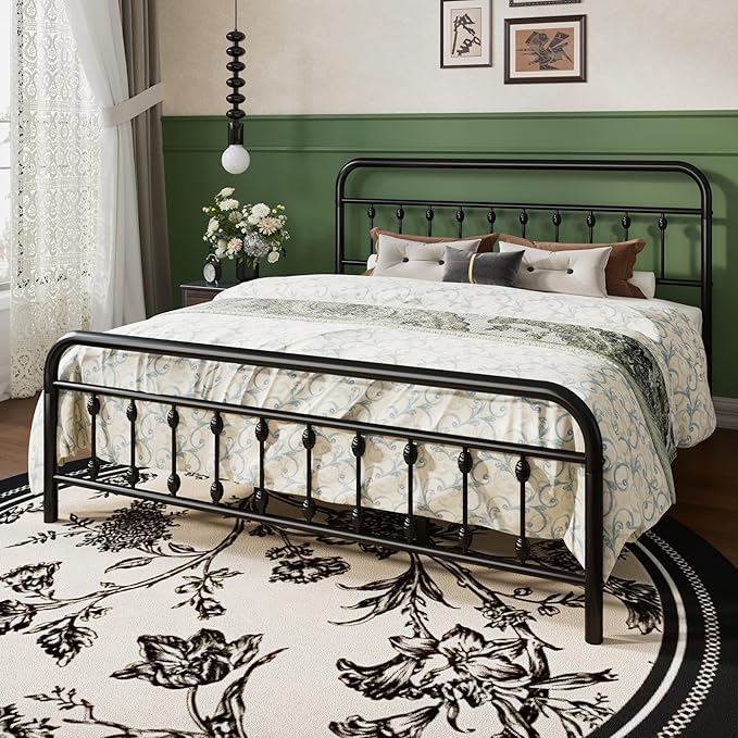 SHA CERLIN King Metal Bed Frame with Victorian Iron-Art Headboard, Black | Victorian Iron-Art Headboard and Footboard, Easy Assembly, Under Bed Storage, No Box Spring Required