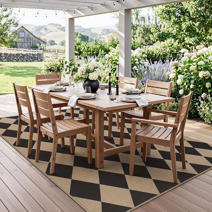 Tribesigns 5x7 Black Checkered Easy Jute Outdoor Patio Rugs for Backyard | Washable, Non-Slip Diamond Rug for Living Room, Porch, Dining Area, Camping, Rv and Indoor Outdoor Use, Includes 4 Rug Tapes