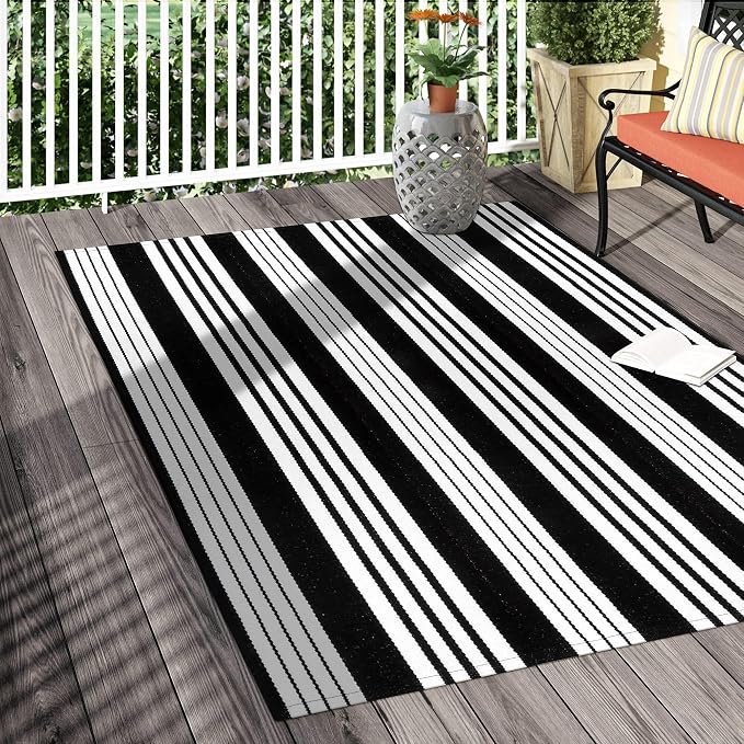 OJIA Black and White Outdoor Rug 4'x6' Washable Patio Rug Porch Camping Rug | Cotton Woven Front Door Mat Outdoor Area Rugs Floor Mat for Farmhouse/Front Porch/Balcony/Entryway/Deck/Home Entrance Decor