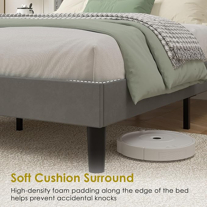 VECELO Queen Size Platform Bed Frame with Height Adjustable Upholstered Headboard, Modern Mattress Foundation,Strong Wood Slat Support, No Box Spring Needed, Easy Assembly,Dark Grey