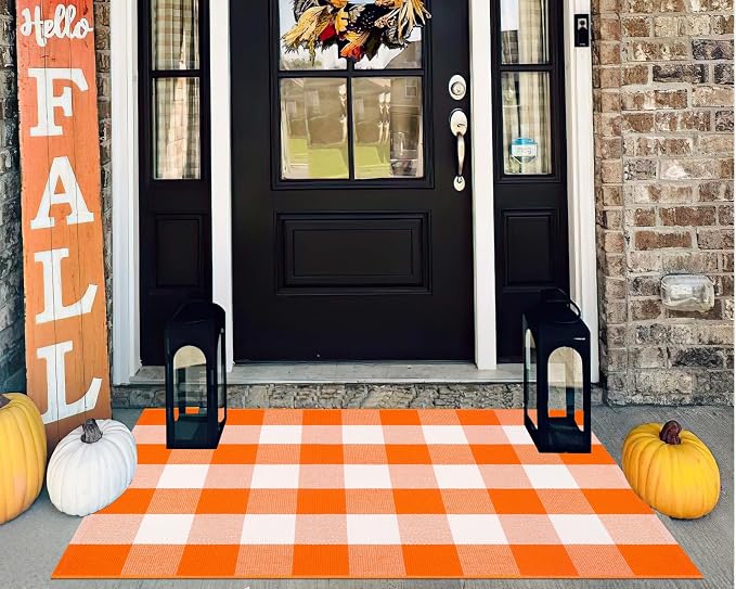 Orange and White Layered Doormat 27.5''x 43.3''Fall Outdoor Rug Cotton Woven Washable Farmhouse Door Mats Outdoor for Halloween Mat,Entryway,Bedroom,Patio