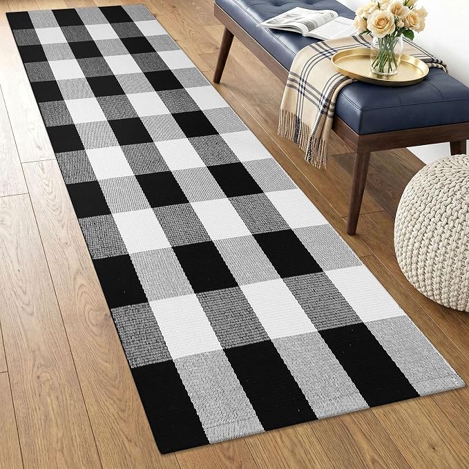 KOZYFLY Buffalo Plaid Area Rugs 2x4.3 Ft Black and White Rug Washable Front Door Mat Woven Cotton Indoor Outdoor Rug for Front Porch Kitchen Entryway Patio Farmhouse Checkered Doormat