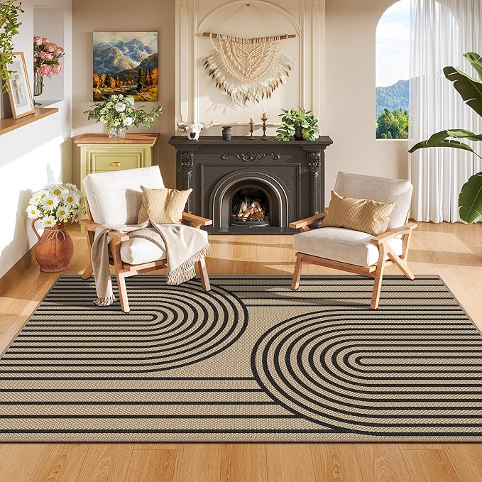 Faux Jute Area Rug, 4' x 6' Washable Rug, Black Farmhouse Ultra-Thin Non-Slip Carpet for Outdoor, Bedroom, Dining Room, Backyard, Home Decor