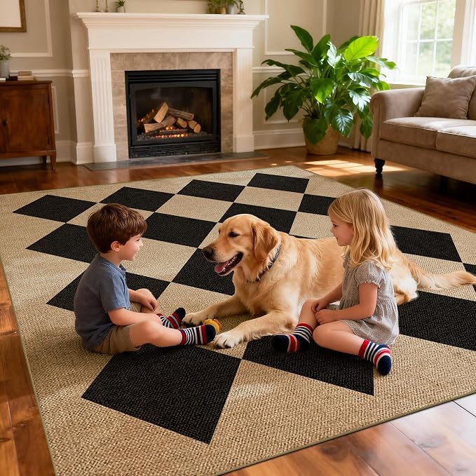 Washable Checkered Easy Jute Rug 8x10, Black Checkerboard Geometric Modern Outdoor Indoor Patio Large Rugs, Woven Thin Carpet Mat for Living Room Bedroom Classroom Nursery Play Room Backyard