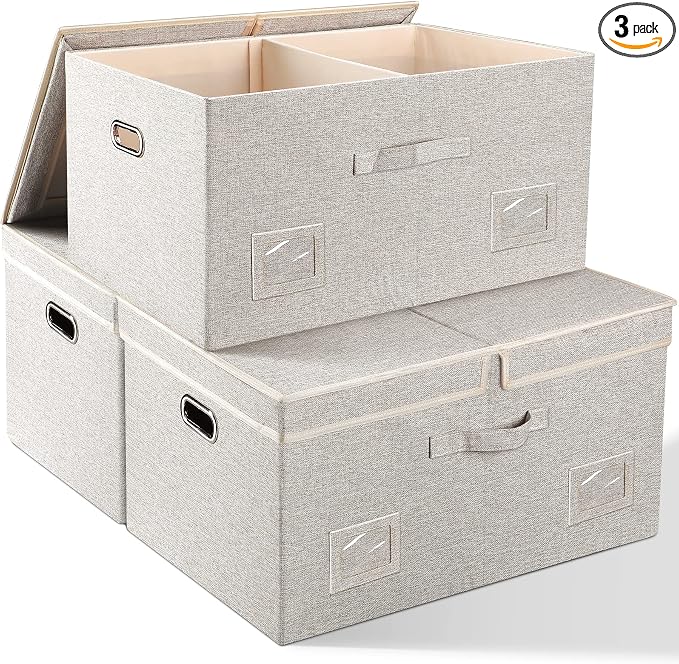 Storage Bins with Lids Fabric Closet Organizers Cubes Office Organization | 75 Quarts 3 Pack Beige Collapsible Stackable Linen Fabric 4 Handles Bedroom Closet Cabinet Under Bed Clothes Toy Office File