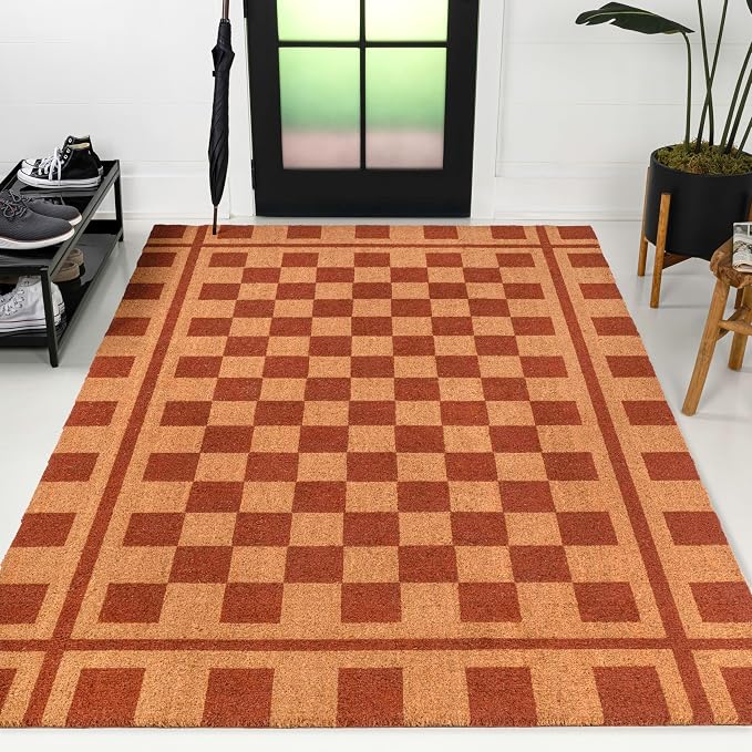 JONATHAN Y Checkerboard Coir Indoor Outdoor Doormat 5X8 Natural/Red, Harper Classic Farmhouse for Living Room, Bedroom, Kitchen, Easy-Cleaning, High Traffic, Pet-Friendly, Non-Shedding NRF109A-5