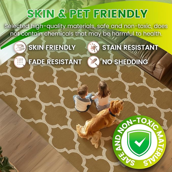 Washable 8x10 Moroccan Trellis Easy Jute Rug for Livingroom, Khaki Neutral Boho Outdoor Indoor Patio Large Area Rugs, Woven Ultra Thin Non Slip Carpet Mat for Bedroom Classroom Backyard Kids Playroom