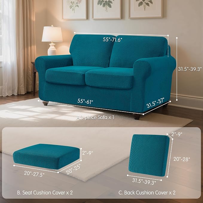 SUBRTEX 5 Pieces Stretch Sofa Slipcover Sets Couch Cover Sets Backrest Cushion Covers Furniture Protector Collection Set for Oversize Sofa Loveseat Chair Slip Covers(Medium, Teal)