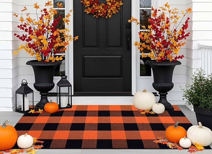 Orange and Black Outdoor Rug 2x4ft,Halloween Front Porch Rug Fall Cotton Woven Washable Layering Rug for Porch,Entryway,Hallway Indoor Outdoor