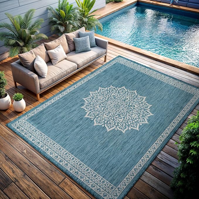 CAMILSON Outdoor Rug 9x12 Medallion Aqua Modern Large Area Rugs for Indoor and Outdoor Patios Kitchen and Hallway Mats Washable Porch Deck Outside Carpet (Medallion Aqua 9 x 12)