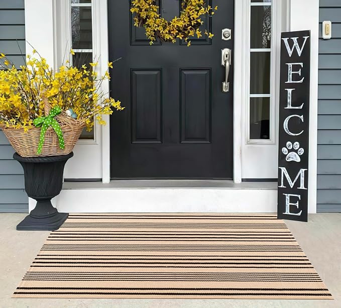 Black Khaki Striped Rug -2.3'x3.6' Front Door Rugs Outdoor, Small Washable Area Rug for Front Porch, Spring Summer Welcome Mats Outdoor Indoor, Doormat for Entryway Porch Entrance