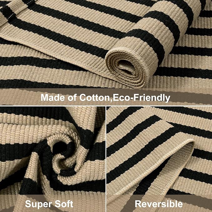 LEEVAN Black and Tan Striped Outdoor Rug, 2 x 3 Small Cotton Front Porch Rug Washable Front Door Mat Outside Entrance, Woven Reversible Welcome Mat Modern Outdoor Entry Layering Rug for Bathroom