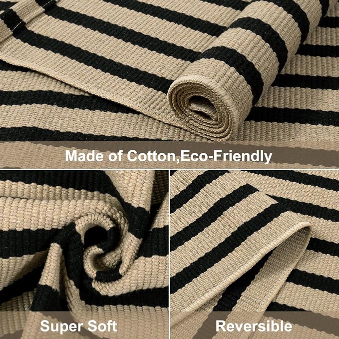 LEEVAN 3'X5' Black and Tan Striped Woven Cotton Reversible Outdoor Rug | Small Machine Washable Front Porch Rug, Entryway Door Mat, Indoor Layering Carpet for Farmhouse Bathroom Laundry