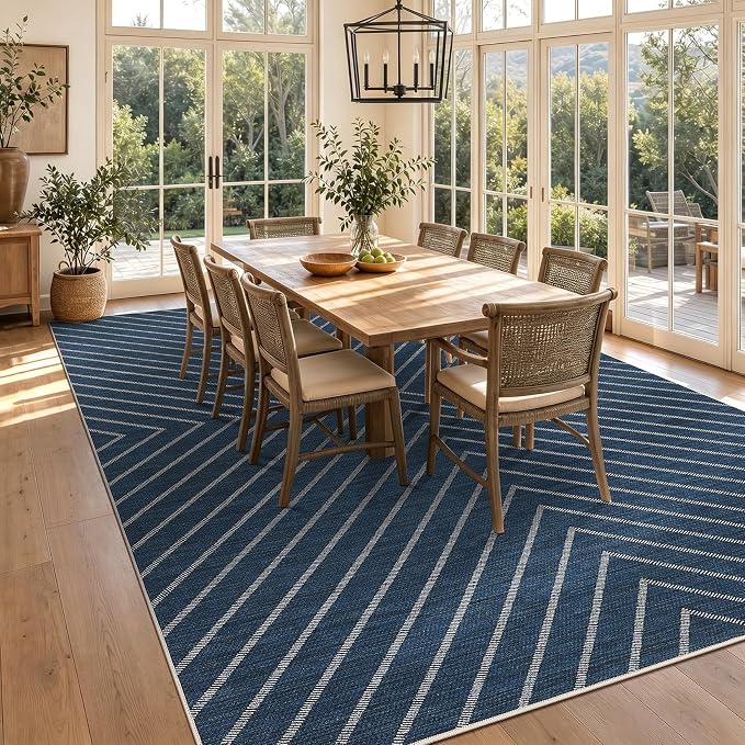 Garvee 9x12 Large Area Rug for Living Room Striped Navy Indoor Outdoor Rugs Non Slip Low Pile Patio Easy Jute Outdoor Rugs Washable Carpet for Porch Kitchen Bedroom Living Room Backyard, Blue9'x12'