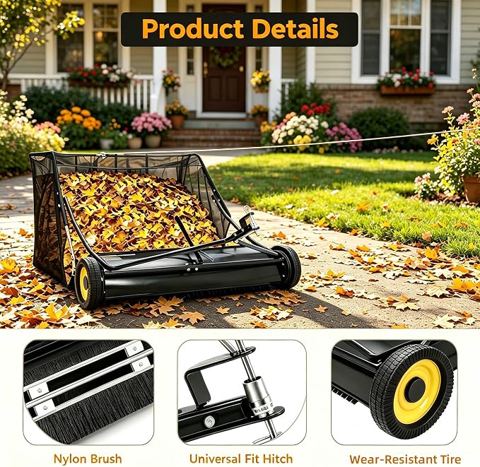 44" Large Capacity Pull Behind Lawn Sweeper with Adjustable Sweeping Height - Leaf & Grass Collector with Dumping Rope Design for Picking Up Grass and Debris