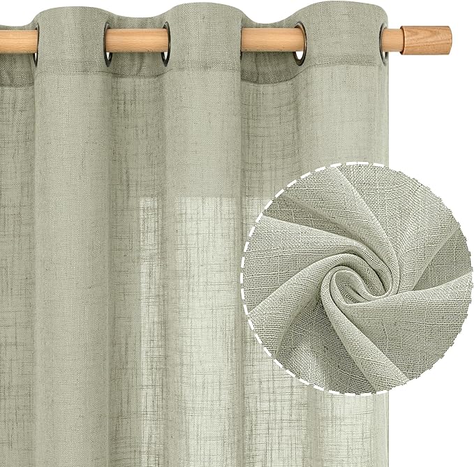 LAMIT Sage Grey Sheer Linen Curtains 54 Inch Length for Bedroom, Bronze Grommet Light Filtering Panels Neutral Drapes for Living Room/Window, 2 Panels Set, 52 x 54 Inch