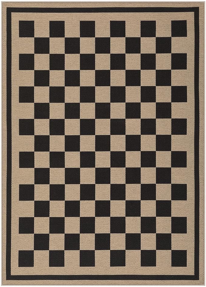 Tribesigns 5x7 Black Checkered Easy Jute Outdoor Patio Rug for Backyard | Washable, Non-Slip Geometric Rug for Living Room, Porch, Dining Area, Rv and Indoor Outdoor Use, Includes 4 Rug Grippers