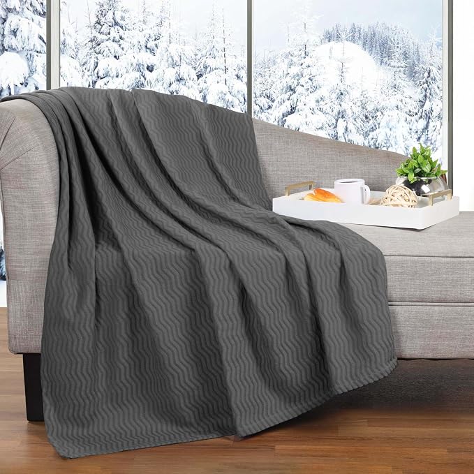 Superior JENA Cotton Blanket, for Picnic, Beach, Traveling or Camping, Bedroom Decor, Essentials, Cover for Bed, Couch, Lounging, Textured Jacquard, Modern Chevron Woven Blanket, King, Charcoal