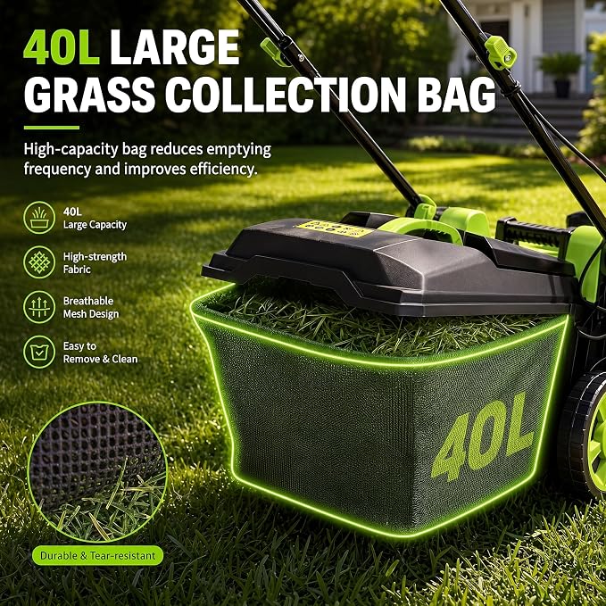 Garvee Cordless Lawn Mower, 17-Inch Battery Powered Electric Push Mower, 2-in-1 Mulching & Bagging, 6 Cutting Heights, 40L Grass Bag, Lightweight Walk-Behind Mower for Small to Medium Yards, Green