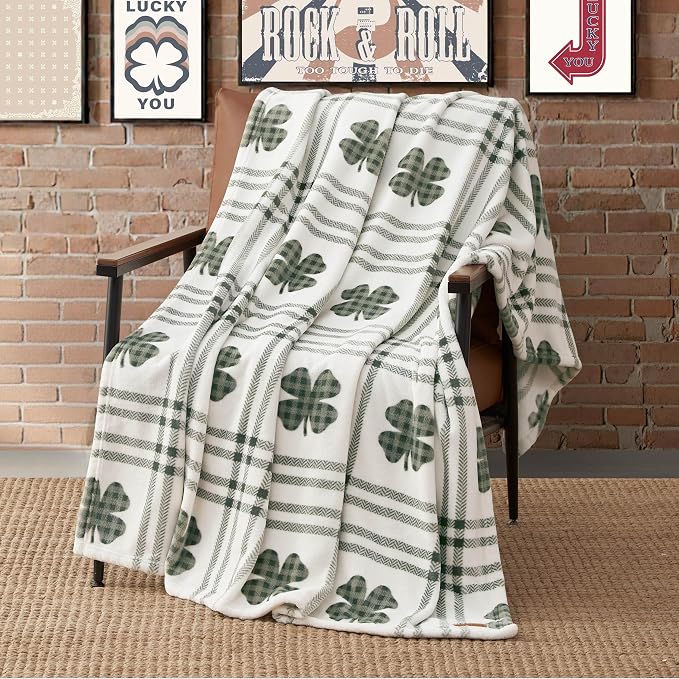 Lucky Brand 50" x 70" Plush Throw Blanket, Clover Gingham Plaid Sage Green Blanket for Sofa or Bed