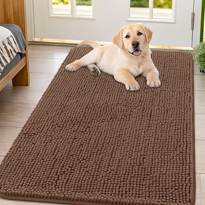 Smiry Dog Door Mat for Muddy Paws 47x32, Absorbent Dirt Trapper, Non-Slip Washable Chenille Entryway Rug for Inside Floor, Mocha, Classic Solid