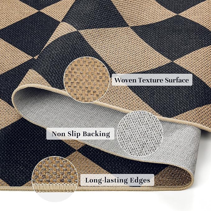 EDIMENS Checkered Easy Jute 2x3 Entryway Rugs Front Door Mat Entry Rug | Non Slip Small Area Rug Kitchen Mat Checkered Rug Farmhouse Low Pile Washable Black Indoor Outdoor Doormat for Porch Doorway