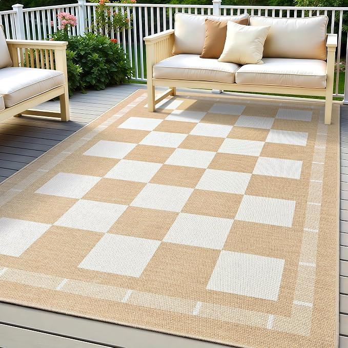 Vasofe Checkered Jute Rugs, 5x7 Outdoor Rug, Washable Rugs for Living Room | Bedroom Indoor Carpet, Non Slip Modern Farmhouse Geometric Area Rugs, Office Backyard Dining Room Mat, Khaki and White