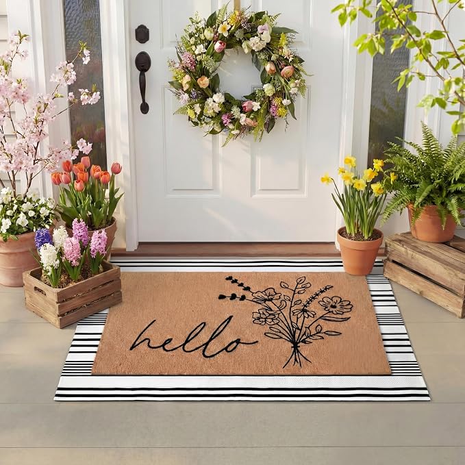 Tinideya 2 Pcs Farmhouse Welcome Mats for Front Door, Hello Floral Layered Doormat Set with Black White Striped Rug, Front Porch Rug Set for Entryway Patio Outdoor Decor