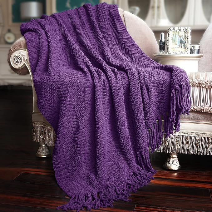 Home Soft Things Purple Throw Blanket Knitted Tweed Throw 50'' x 60'', Imperial Purple, Super Soft Cozy Warm Comfortable Breathable Throw for Living Room Chair Couch Bed Sofa Bedroom Home Décor