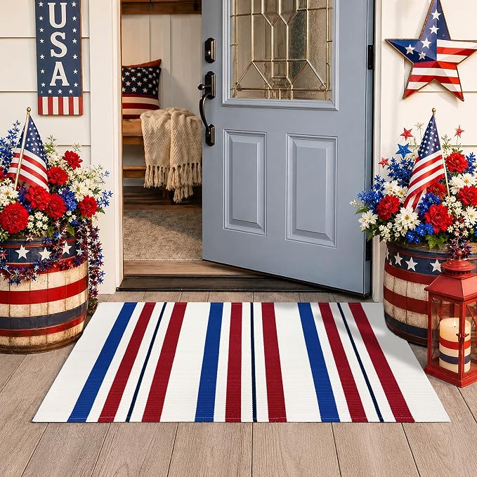 4th of July Door Mat Rug 28"x43", Patriotic Outdoor Rug for Front Porch, Red White and Blue Striped Layering Mat, Patriotic Door Mat for Indoor Outdoor Entryway Farmhouse Decor